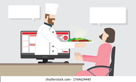 Concepto de entrega rápida. Chef sirviendo su comida a través de la pantalla del ordenador. El pedido de comida en línea desde casa es un nuevo estilo de vida normal para los clientes. El mejor servicio es la entrega más rápida.