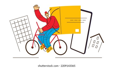 Schnelles Lieferkonzept. Kurier mit einer Kiste auf einem Fahrrad. Verpflegungsdienst.