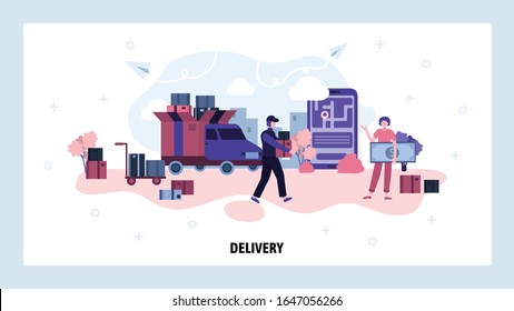 Fast delivery concept. Courier deliver package to customer home. Shipping service. Vector web site design template. Landing page website concept illustration