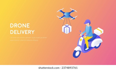 Fast delivery concept. Courier on bike, delivering a package with a drone isometry.