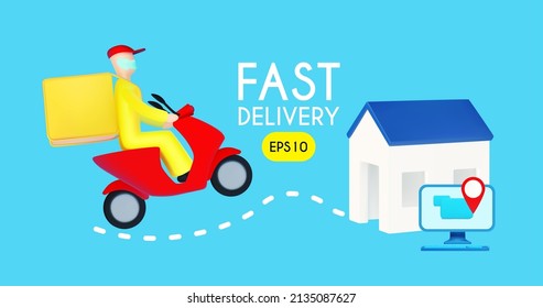 Fast delivery concept. Courier wearing mask on red scooter with delivery box rides to the house. 3D design concept. Fast delivery