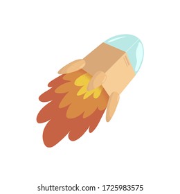 Fast delivery concept. Craft box in the form of a rocket isolated. Cartoon style stock vector illustration. Flat colorful colors. Delivery is like a rocket.