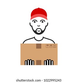 Fast delivery concept. Flat style of cartoon courier with boxes. Linear man. Avatar design on transparent background. Vector illustration. Isolated.