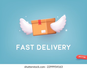 Fast delivery concept. Flying box transportation express delivery order service. Box with wings transportation logistic company background concept. 3D Web Vector Illustrations.