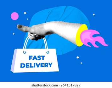 Fast delivery concept. Halftone rocket hand with delivery paper bag. Fast service. Online shopping. Hand holding package. Modern collage