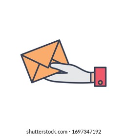 fast delivery concept, hand holding a envelope icon over white background, line and fill style, vector illustration