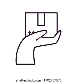 fast delivery concept, hand holding a package box icon over white background, line style, vector illustration