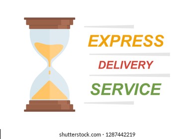 Fast delivery concept, hourglass icon. Express delivery service, fast delivery inscription on light background. Vector illustration.