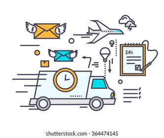 Fast delivery concept icon flat design. Service business transportation, cargo and courier, transport and distribution, logistic mail, receive envelope, send and time. Thin, line, outline icons