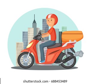 Fast delivery concept illustration. Urban landscape with modern buildings and motor bike or scooter