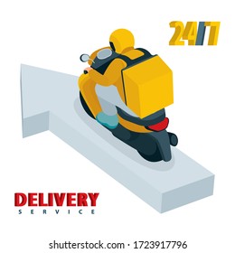 Fast delivery concept isometric vector illustration. Takeaway delivery boy on scooter with thermal food case. Direction arrow and delivery service courier. Part of set.