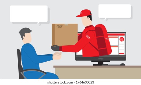 Fast delivery concept. Delivery man and parcel box get through computer screen. Online shopping from home is new normal customer lifestyle. The best service is the fastest deliver.