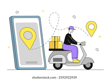 Fast delivery concept. Man at scooter with cardboard boxes near smartphone. Shipping and transportation, delivery. Express order delivery. Linear vector illustration
