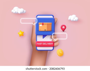 Fast delivery concept. Mobile smart phone with delivery app. Online shopping. 3D Vector Illustrations.