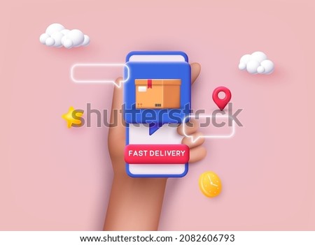 Fast delivery concept. Mobile smart phone with delivery app. Online shopping. 3D Vector Illustrations.