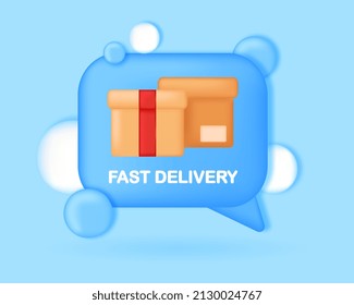 Fast delivery concept. Modern technologies, globalization and online shopping. Boxes in speech bubble, graphic elements for website, logo. Service card design. Cartoon flat vector illustration