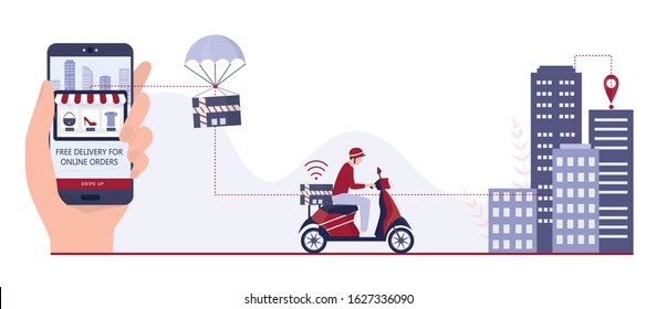 Fast delivery concept. Order in the internet. Add to cart, pay by card and wait for courier. Logistic and transportation of package to the home. Isolated flat illustration Isolated flat illustration