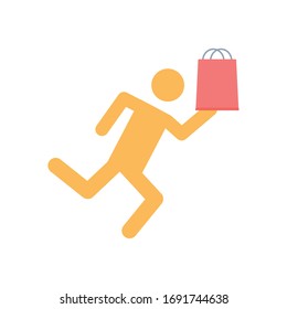 fast delivery concept, pictogram man running with shopping bag icon over white background, flat style, vector illustration