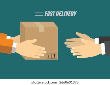 Concepto de entrega rápida. Recibir un paquete de un mensajero a un Cliente. Ilustración de stock