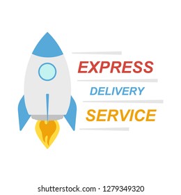 Fast delivery concept, rocket icon. Express delivery service, fast delivery inscription on light background. Vector illustration.