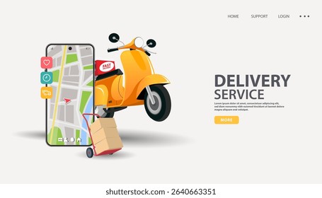 Fast delivery concept with scooter coming with packages through the smartphone screen