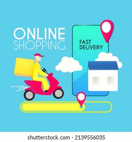 Fast delivery concept with smartphone. Courier wearing mask on red scooter with delivery box rides to the house. 3D design concept. Fast delivery