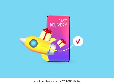 Fast delivery concept with speed rocket, smartphone and boxes with bow isolated on blue background