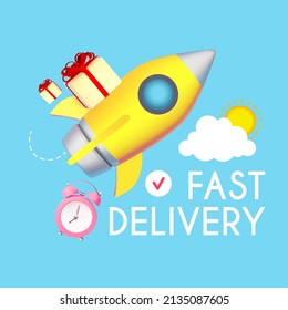Fast delivery concept with speed rocket and boxes with bow isolated on blue background