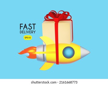 Fast delivery concept with speed rocket and box with bow isolated on blue background