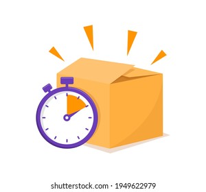 Fast delivery concept with stopwatch and carton box. Delivery time. Express delivery concept. Vector illustration.