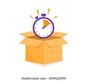 Fast delivery concept with stopwatch and open box. Delivery time. Express delivery concept. Vector illustration.