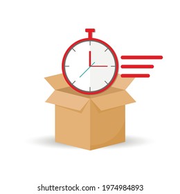 Fast delivery concept with stopwatch and open box. Delivery time. Express delivery concept.
