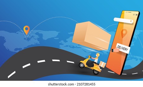 Fast delivery concept. Delivery tracking on mobile phone. Parcel box floating from mobile phone and Motorcycle driver delivering goods on the road on world map and location pin.