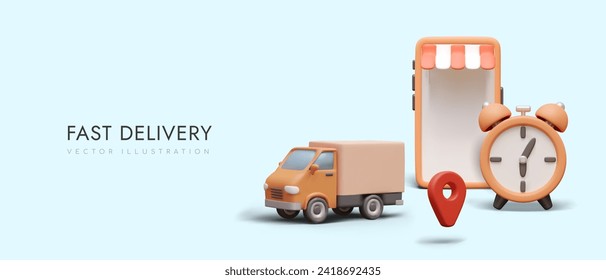 Fast delivery concept. Truck, alarm clock, geotag, smartphone with shop canopy and blank screen