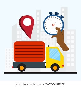 Fast delivery concept. Delivery truck passing through the silhouette of city with hand holding stopwatch and location symbol. Package delivery with fast response.