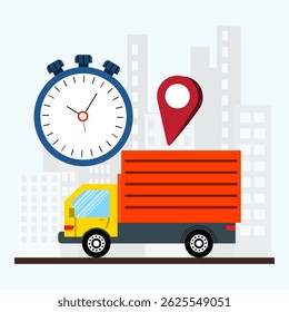 Conceito de entrega rápida. Caminhão de entrega passando pela silhueta da cidade com mão segurando cronômetro e símbolo de localização. Entrega de pacotes com resposta rápida.