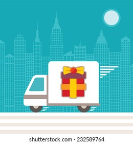 Fast delivery concept with truck riding through city