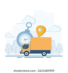 Fast Delivery Concept. Delivery Truck with Stopwatch and Location Symbol. fast and safe delivery. Package delivery with fast response. Vector Illustration Design on background.
