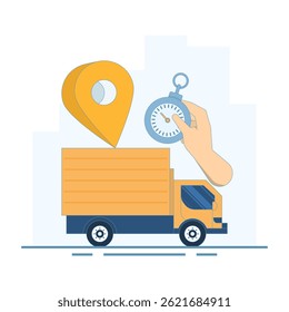 Fast Delivery Concept. Delivery Truck with Stopwatch and Location Symbol. fast and safe delivery. Package delivery with fast response. Vector Illustration Design on background.