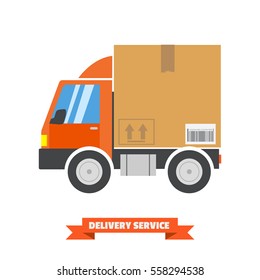 Fast delivery concept. Truck transporting a big cardboard package. Vector illustration.