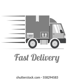 Fast delivery concept. Truck transporting a big cardboard package. Vector illustration.