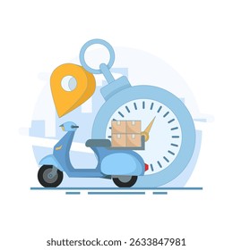 Fast Delivery Concept using scooter. Online business delivery with courier. Mobile online map navigation. Scooter with Stopwatch and pin. Flat design illustration on background.
