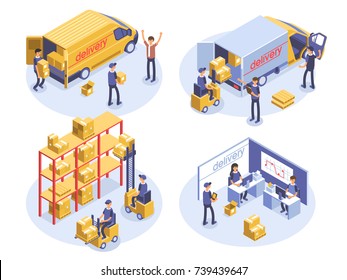 Fast Delivery Concept. Van, Man And Cardboard Boxes. Product Goods Shipping Transport. Isometric 3d Illustration.