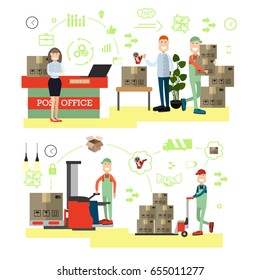 Fast delivery concept vector illustration. Postal workers manager, packager, loader. Delivery schemes, symbols, icons, flat style design elements.