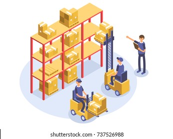 Fast delivery concept. Warehouse, loader, man, workers. Product goods shipping transport. Isometric 3d illustration.