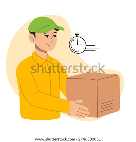 Fast Delivery Courier Holding Box with Clock Icon Flat Vector Illustration