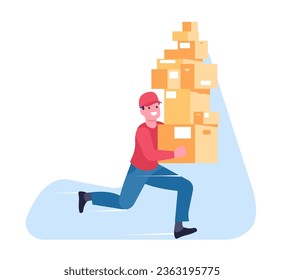 Fast delivery. Courier with many cardboard boxes runs to address. Man carrying with parcels stack. Hurrying deliveryman. Express logistic service. Order transportation