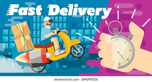 Fast delivery. Courier of motorcycle fast delivery food concept. Online restaurant service for deliver food of speed scooter with courier driver. Lunch box on motorcycle.