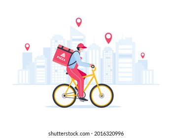 Fast Delivery. Courier On Bicycle With Parcel Box On The Back Delivering Food In City.