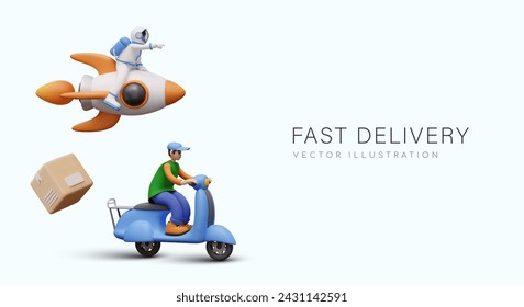 Fast delivery. Courier races on electric scooter, astronaut flies on rocket
